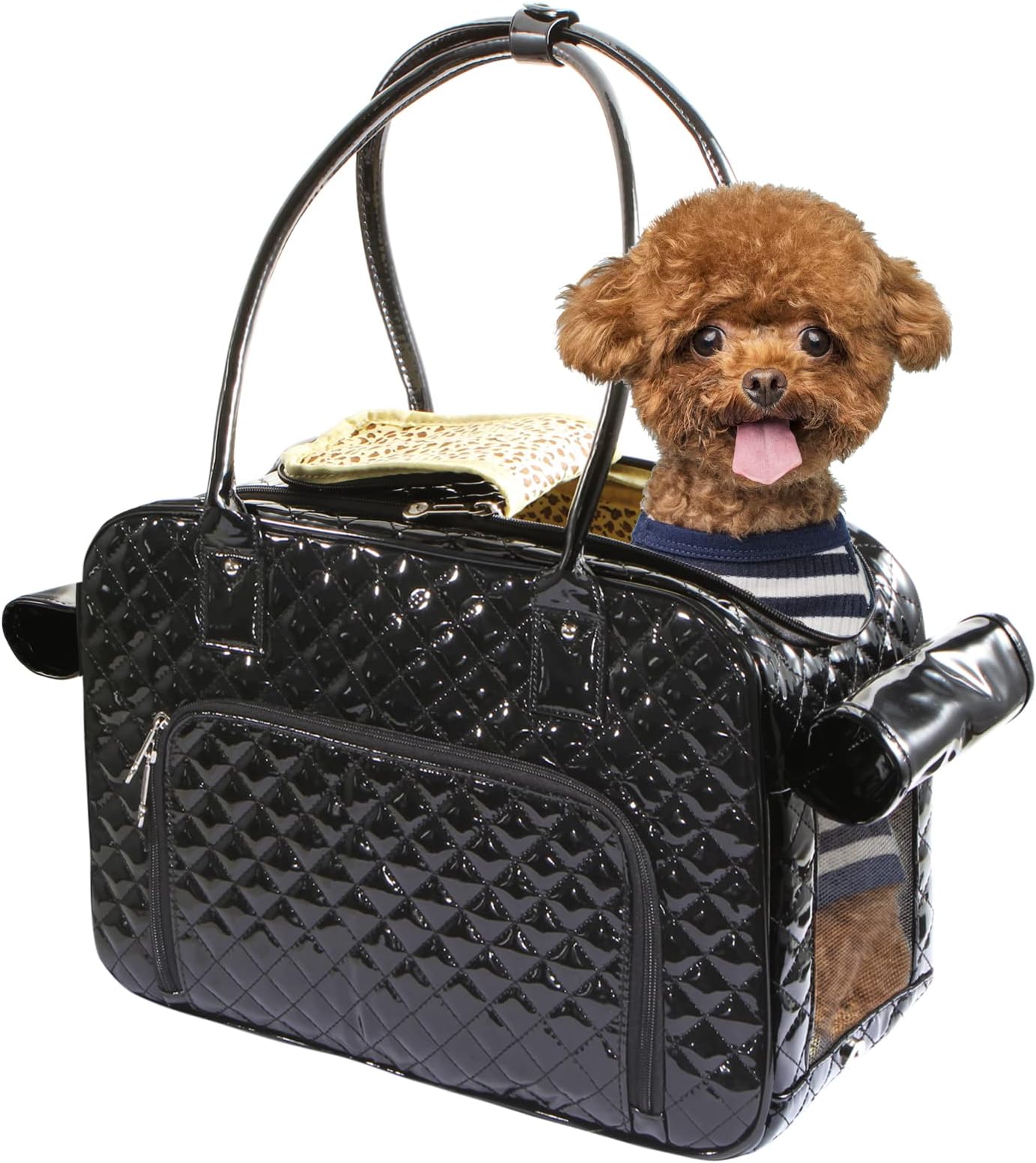 Mirror Surface Faux Leather Tote Purse Dog and Pet Carrier Travel Bag, Black