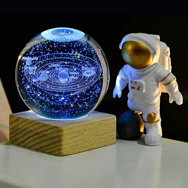 3D Solar System Crystal Ball Lamp, 6CM Crystal Ball Night Light with Wooden Base, 7 Colors Changing Light with LED Base, Home Decorative Valentine's Day Gifts