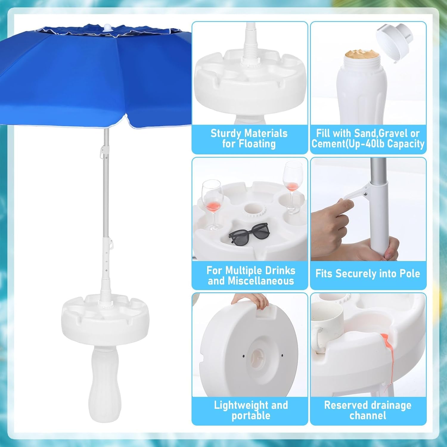 7ft Floating Umbrella for Inside of Sun UV Protection Outdoor Umbrella with Base, Portable Floating Table and Drink Cup Holders No-Tools Setup Summer Supplies for Beach Lake