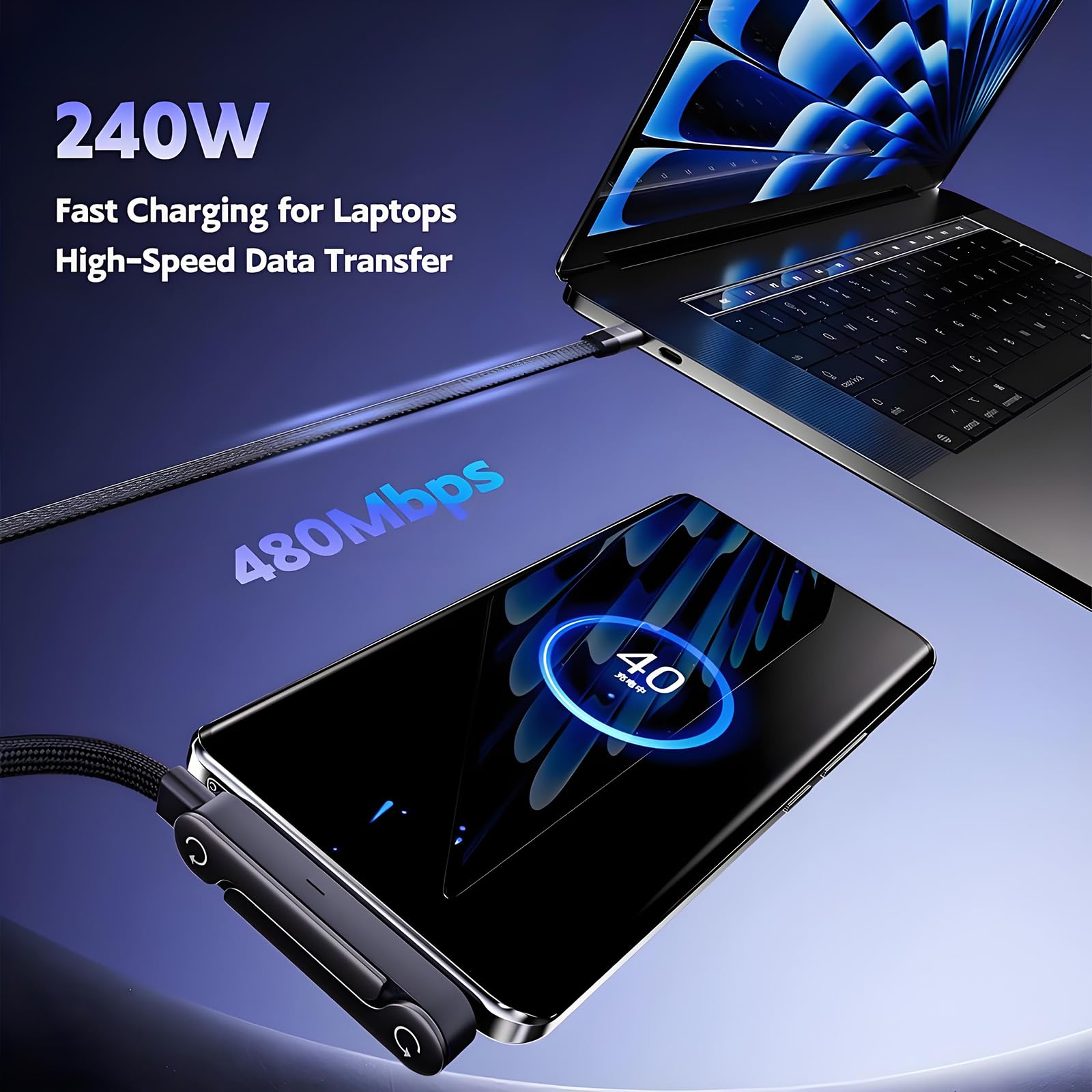 Niewidoczny kabel do ładowania 2 w 1 – typ C na typ C, 240 W PD kabel do szybkiego ładowania z regulowanym metalowym stojakiem 90° do iPhone'a 15-17 / smartfonów / tabletów (2 szt.)