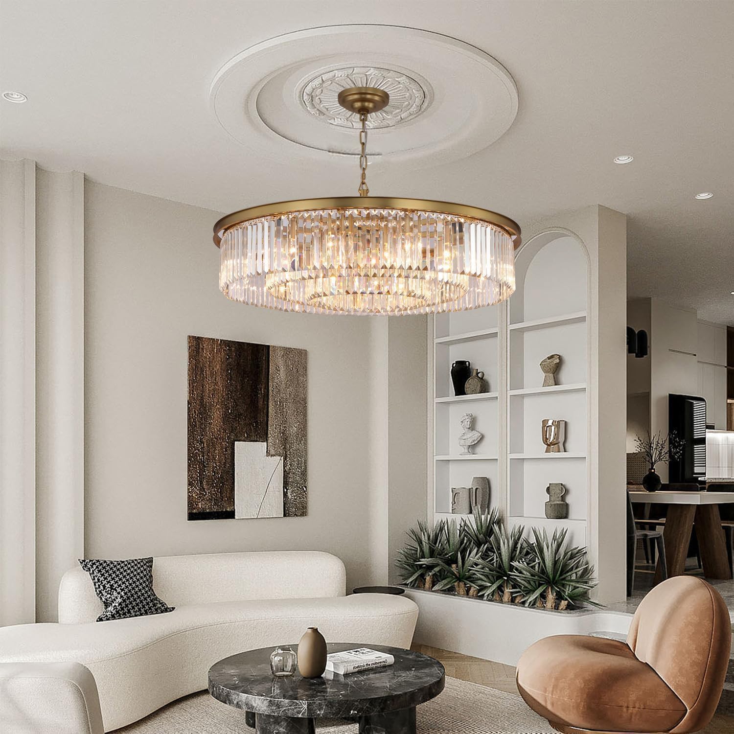 Large Crystal Chandelier Modern Luxury Pendant Ceiling Lights Fixture Antique Gold Chandelier for Dining Room Living Room 12-Lights 3-Tier Raindrop Chandeliers Lighting (Gold, Dia 31 Inch)