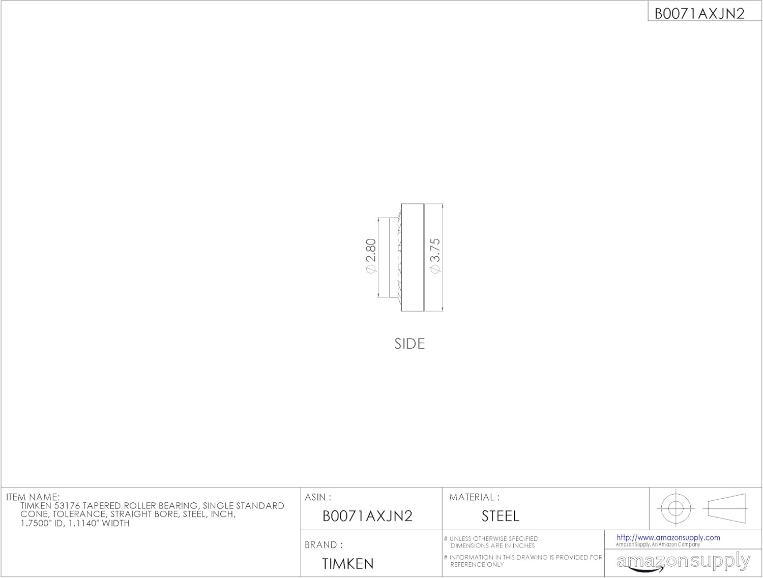 Timken 53176 Tapered Roller Bearing, Single Cone, Standard Tolerance, Straight Bore, Steel, Inch, 1.7500" ID, 1.1140" Width