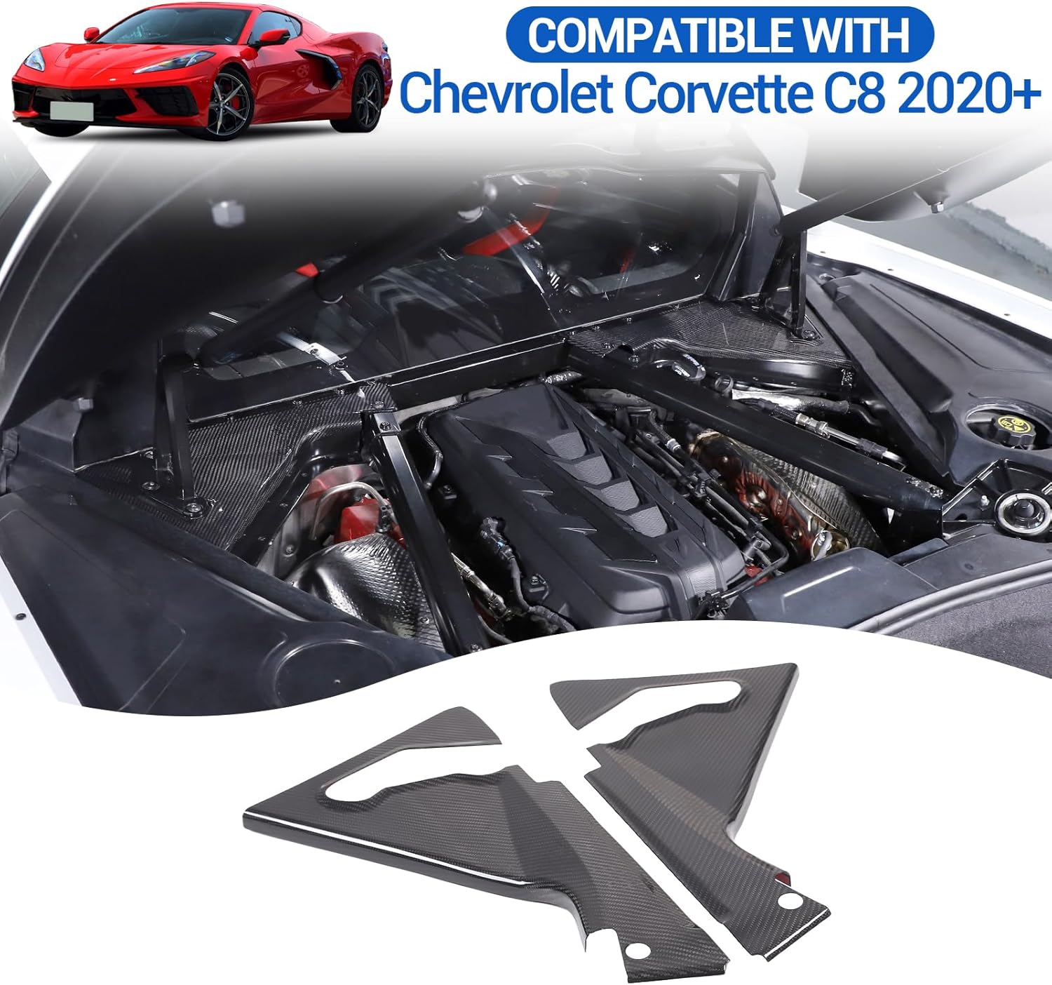 Real Carbon Fiber Engine Bay Panel Cover Compatible with Chevrolet Corvette C8 2020-2026, Front Hood Lift Supports Shock Struts Base Trim Cover Accessories 2Pcs (Black)