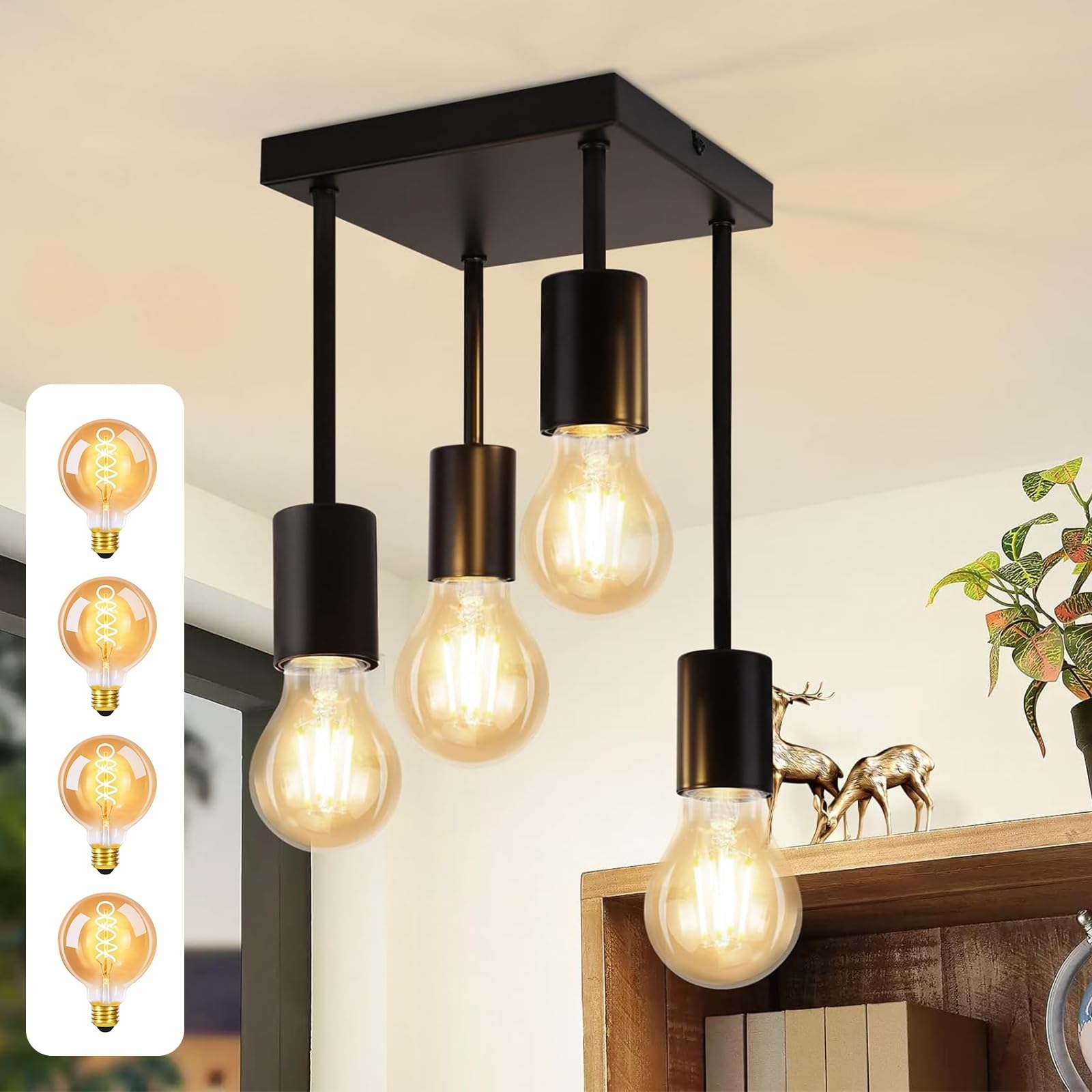 CBJKTX Deckenleuchte Schwarz Deckenlampe Vintage - E27 Küchenlampe 4 Flammig Retro Metall Hängend Industrial Deckenspots mit 4 Lichtquellen für küche Flur Schlafzimmer Wohnzimmer Bar