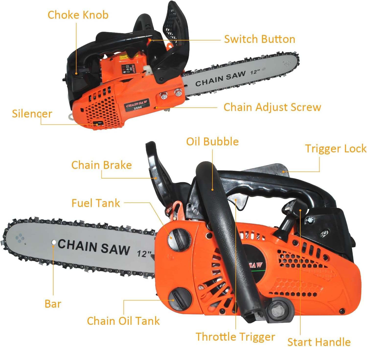 26CC 2-Cycle Top Handle Gas Powered Chainsaw 12 Inch Petrol Handheld Cordless Chain Saw, Portable Chain Saws for Trees Trimming Wood Cutting