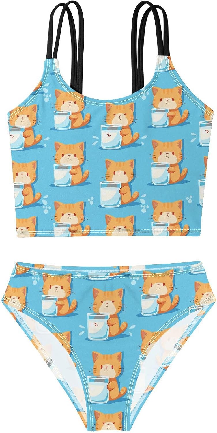 visesunny Girls Two Piece Swimsuits Orange Cat Water Cup Girl's Bikini Sets Bathing Suits for Girls Size 5-12Y