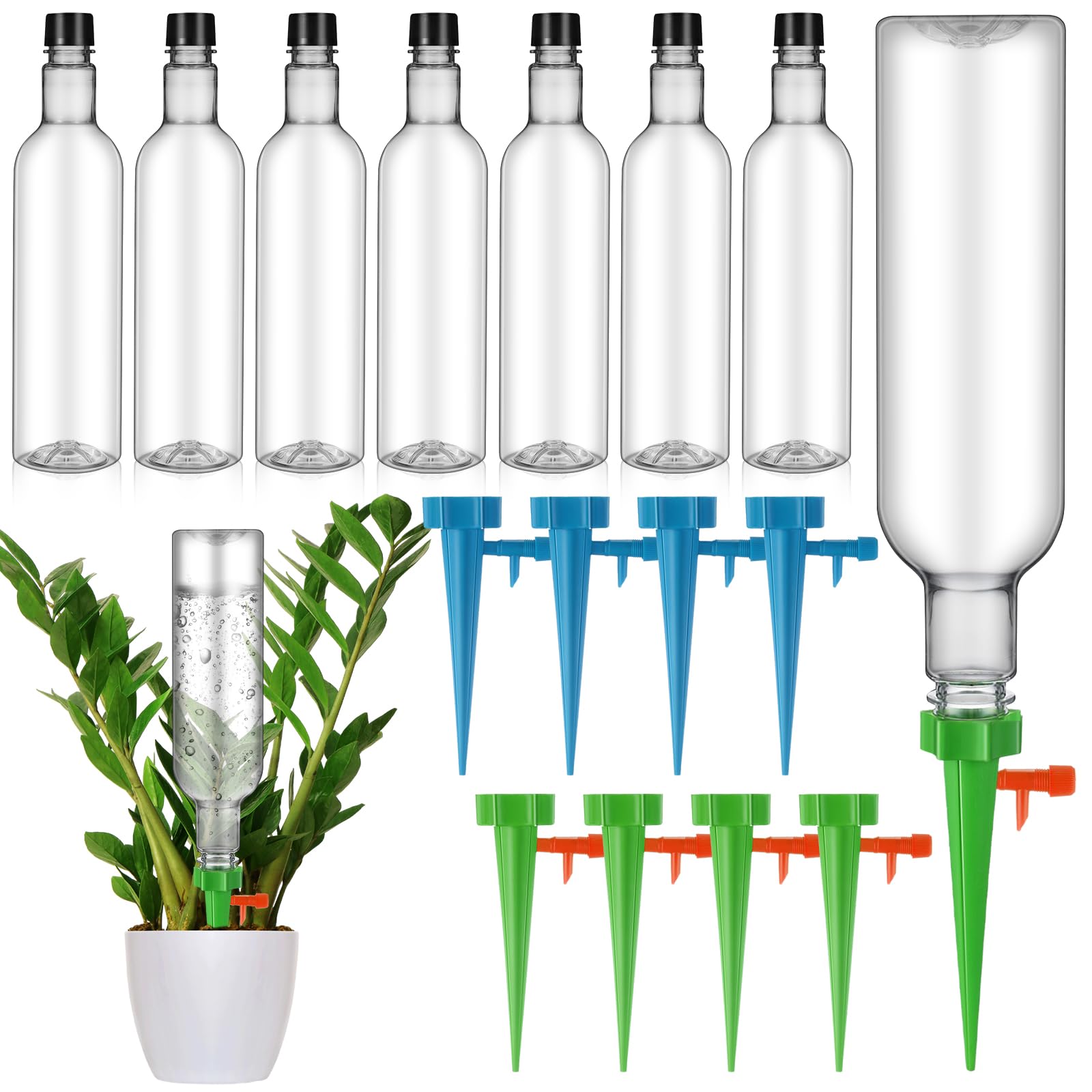 SiliFine 8 Set Plant Watering Devices with Self Watering Spikes and 26 oz Plastic Bottles Plant Waterer Devices with Adjustable Control Valve Switch