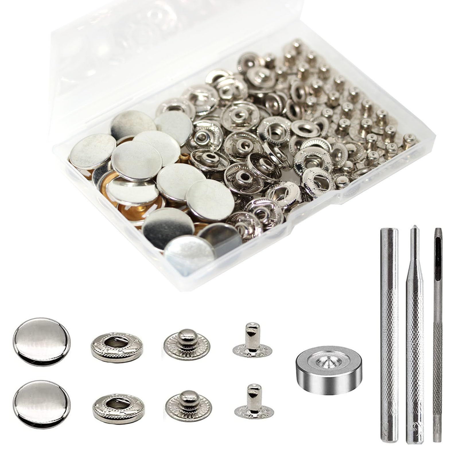 24 Sets Heavy Duty Leather Snap Fasteners Kit, BetterJonny 20mm Metal Snap Buttons Press Studs Leather Rivets Snaps with 4 Setter Tools for Clothes Bracelet Jackets Jeans Silver