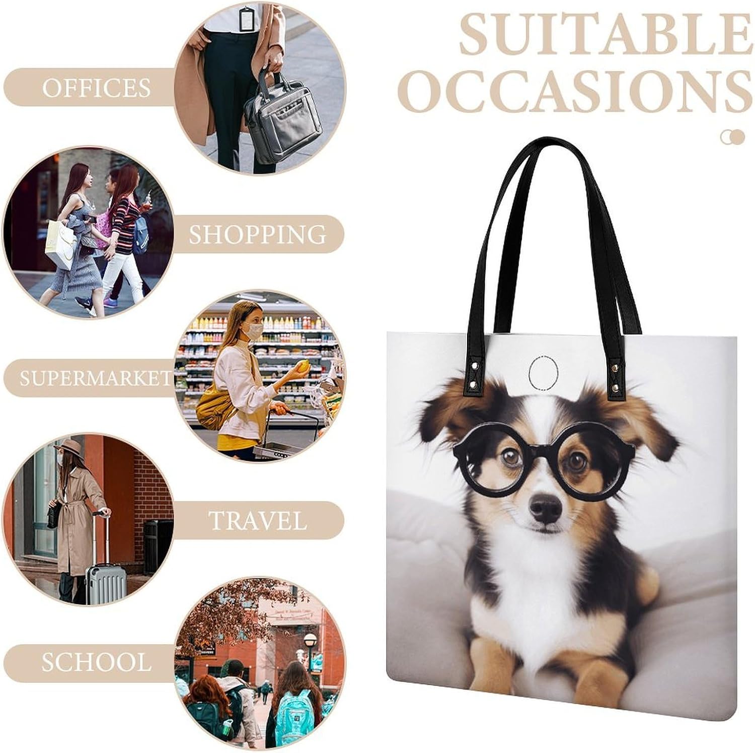 Cute Dog with Glasses Handbags Large Capacity, Tote Bag Stylish Slouchy, Shoulder Bags for Work Beach Travel And Shopping Grocery.
