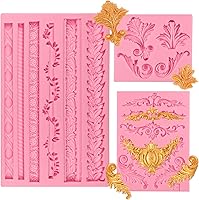 Vista 1 de Baroque Fondant Molds for Cake Decorating (3 pcs) Baroque Scroll Border Silicone Molds, Feather Chocolate Candy Molds for Cupcake Toppers, Sugar