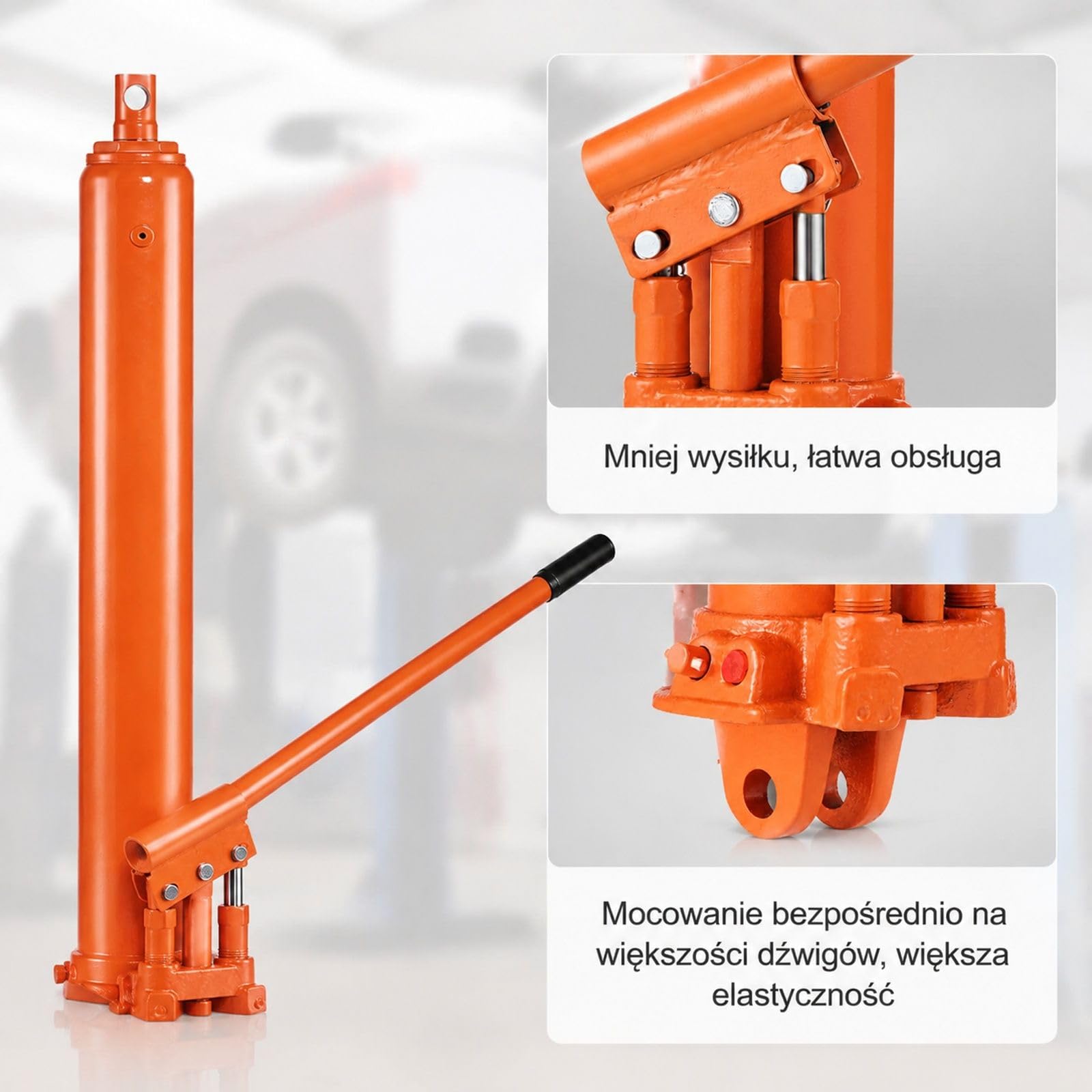 Pomarańczowy hydrauliczny podnośnik z długim siłownikiem, podwójna pompa tłokowa i podstawa widełkowa do silników, garażu, warsztatu i gospodarstwa