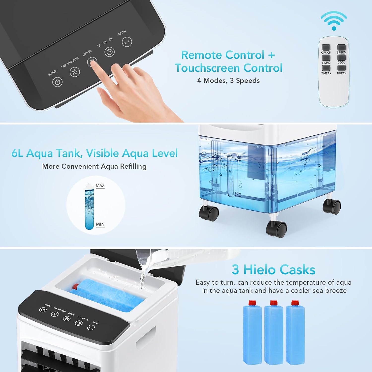 Evaporative Air Cooler, 3-in-1 Portable AC Cooling Fan 3 Modes 3-Speed with Remote, 3 Ice Boxes, No Window Needed Air Conditioners with 6L Tank for 20H Cooling, for Home, Bedroom, Kitchen, Living Room