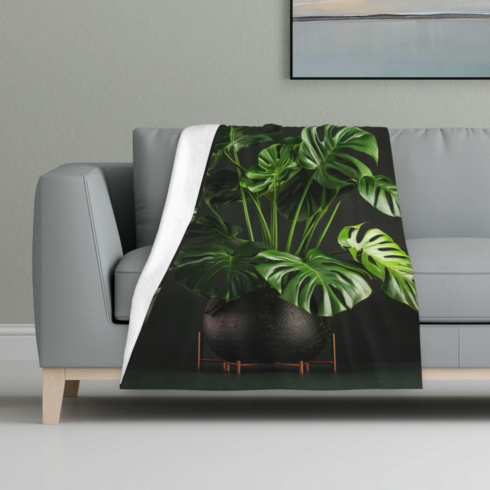 Plaid Monstera Deliciosa en flanelle pour voyage, camping et soirées canapé