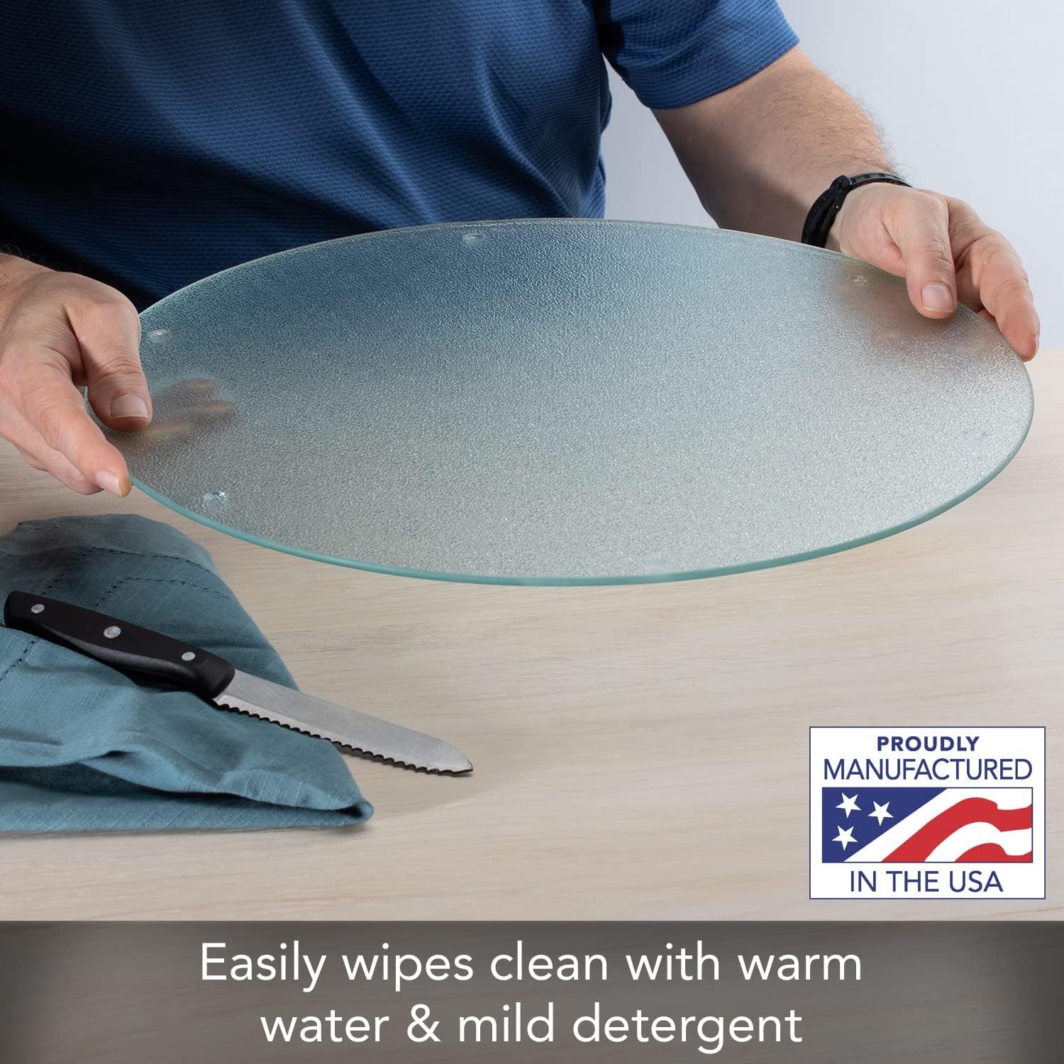 CounterArt TransparentTextured 4mm Round Tempered Glass Cutting Board 16" Round Manufactured in the USA Food Preparation Board, Cake Plate, Pizza Stand