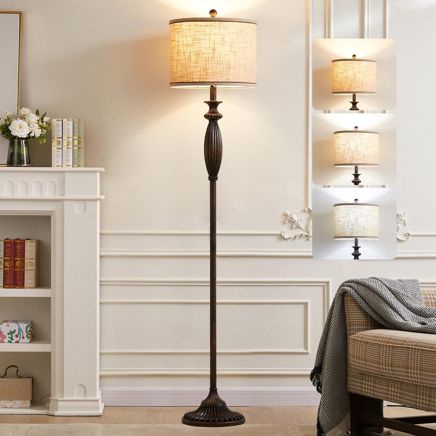 63.8" Vintage Floor Lamp with Rotary Switch, Dimmable Color Temperature Standing Lamp, Retro Farmhouse Floor Lamps for Living Room, Bedroom, Hallway, Office, Room Decor, Antique Black (Bulb Included)