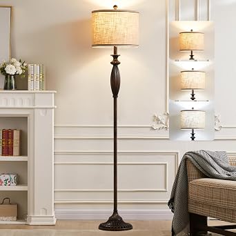 63.8" Vintage Floor Lamp, Rustic Standing Lamp with Linen Shade, Black | Tall Lamp with Rotary Switch, 3 Color Temperature Bulb Included, Floor Lamps for Living Room, Bedroom, Office, Reading Corner