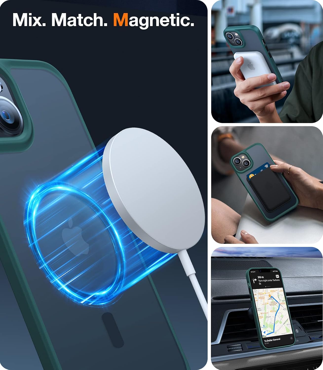 TORRAS Magnetic for iPhone 14 Plus Case, [10FT Military Grade Drop Tested] [Compatible with MagSafe] Slim Protective Translucent Matte Phone Case for iPhone 14 Plus, Green