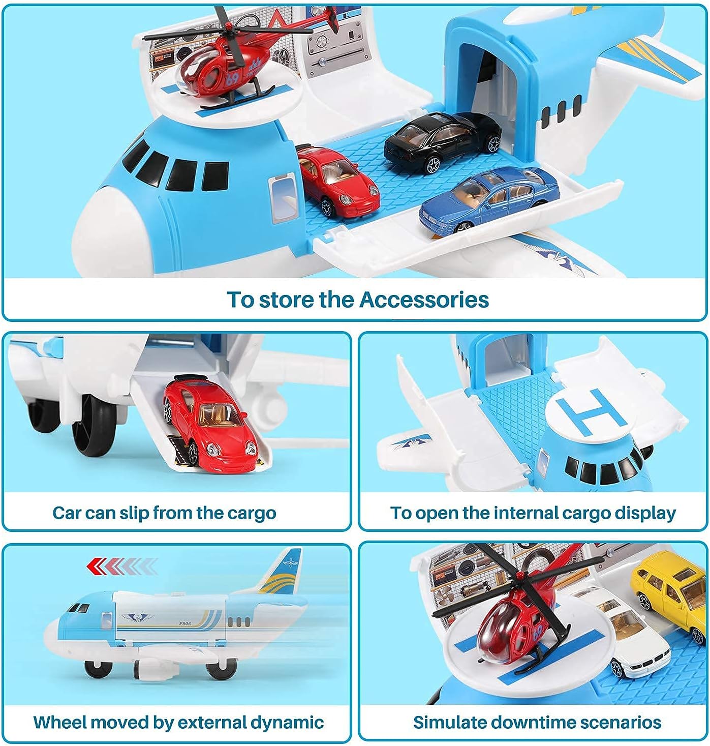 Geyiie Airplane Toys, Aircraft Car Set Toys with 5pcs Vehicle Car and 1pcs Helicopter, Transport Cargo Airplane with Parking Scene, Toys Gift for Boys Car Set for 3+ Toddlers