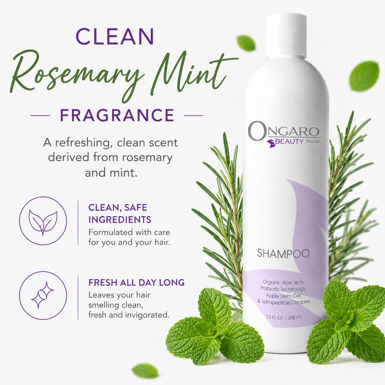Ongaro Beauty szampon do codziennego użytku, naturalny, bez siarczanów dla mężczyzn i kobiet, bezpieczny do włosów farbowanych z technologią probiotyczną, organiczny aloes, komórki macierzyste jabłoni i peptyde; 30 ml