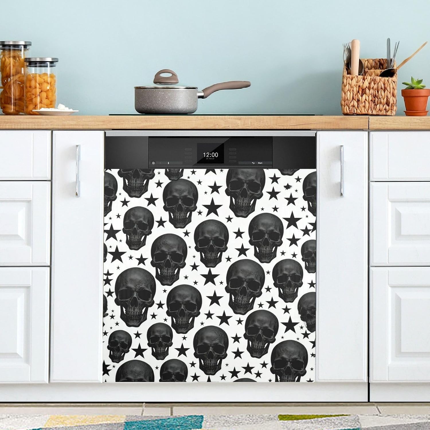 QUGRL Skull and Star Black Dishwasher Magnet Cover Front Door Decorative Refrigerator Covers Magnetic Sheet Sticker Wash Machine Fridge Panel Decal for Kitchen Appliance 23x26 in