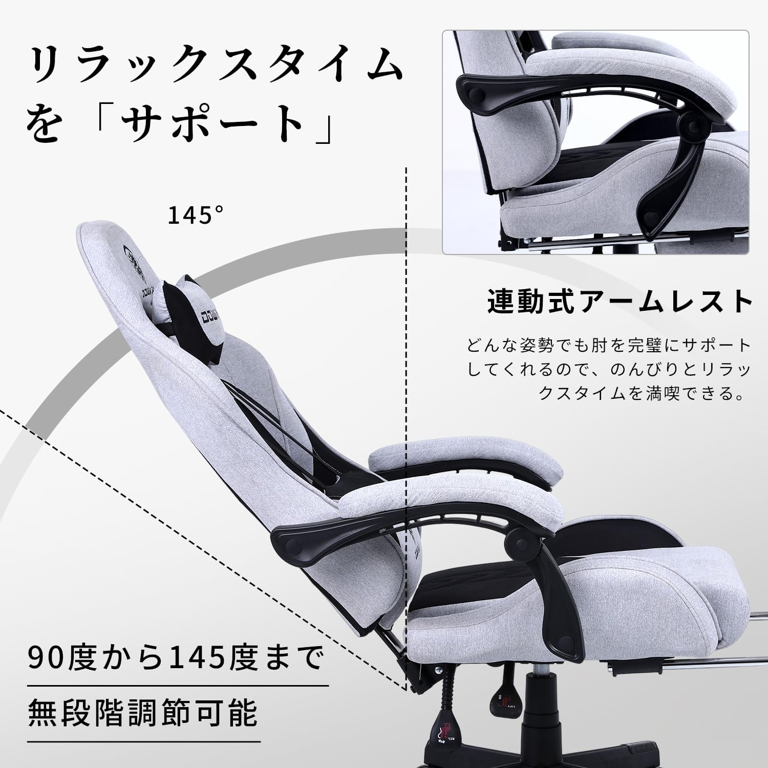 Diagram illustrating the 90 to 145-degree recline and linked armrest movement of the Dowinx LS-6658B Gaming Chair.
