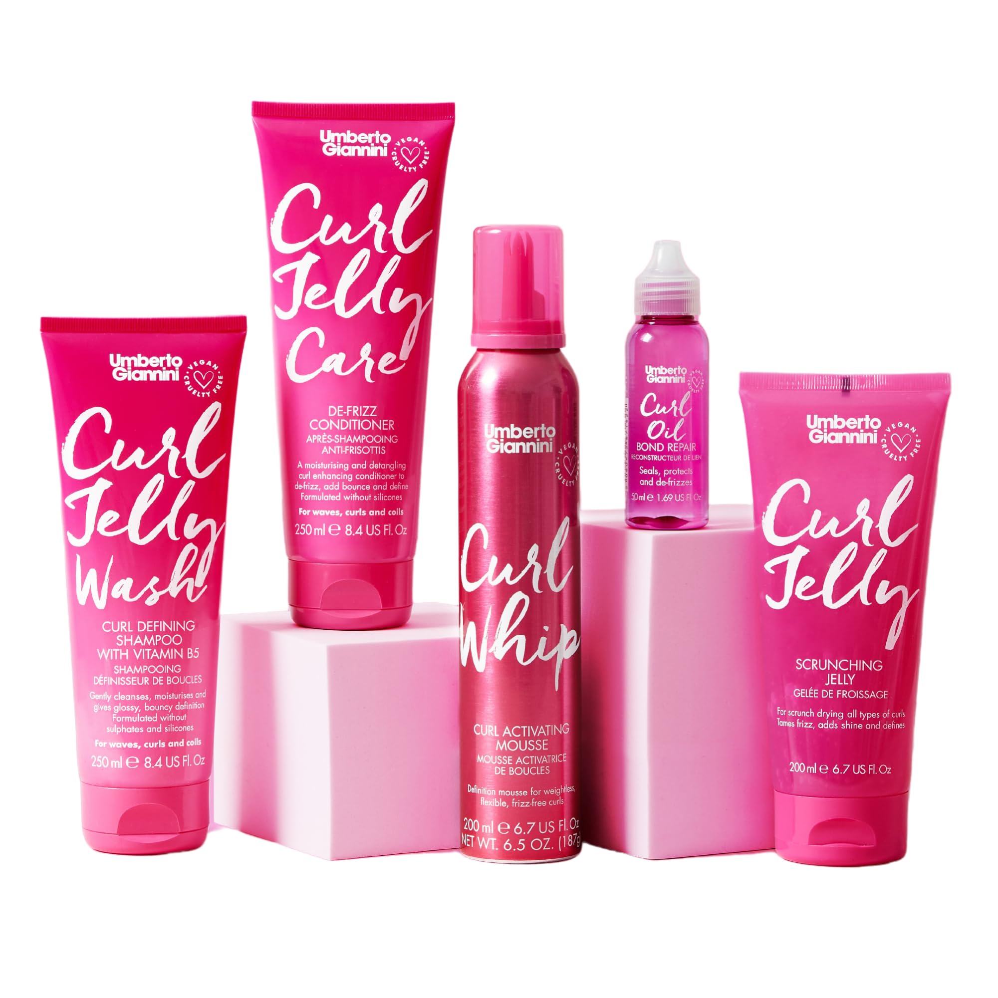 Curly Girl Friendly Hair Kit - Curl Jelly, Curl Jelly Wash Shampoo & Care Conditioner, Bond Repair Curl Oil & Curl Whip Activating Mousse, Clear