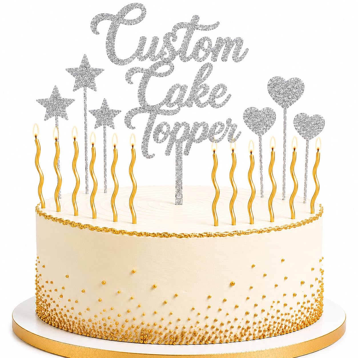 ZMR personalised birthday glitter acrylic cake toppers 3MM with heart & star sticks and candles (SILVER)