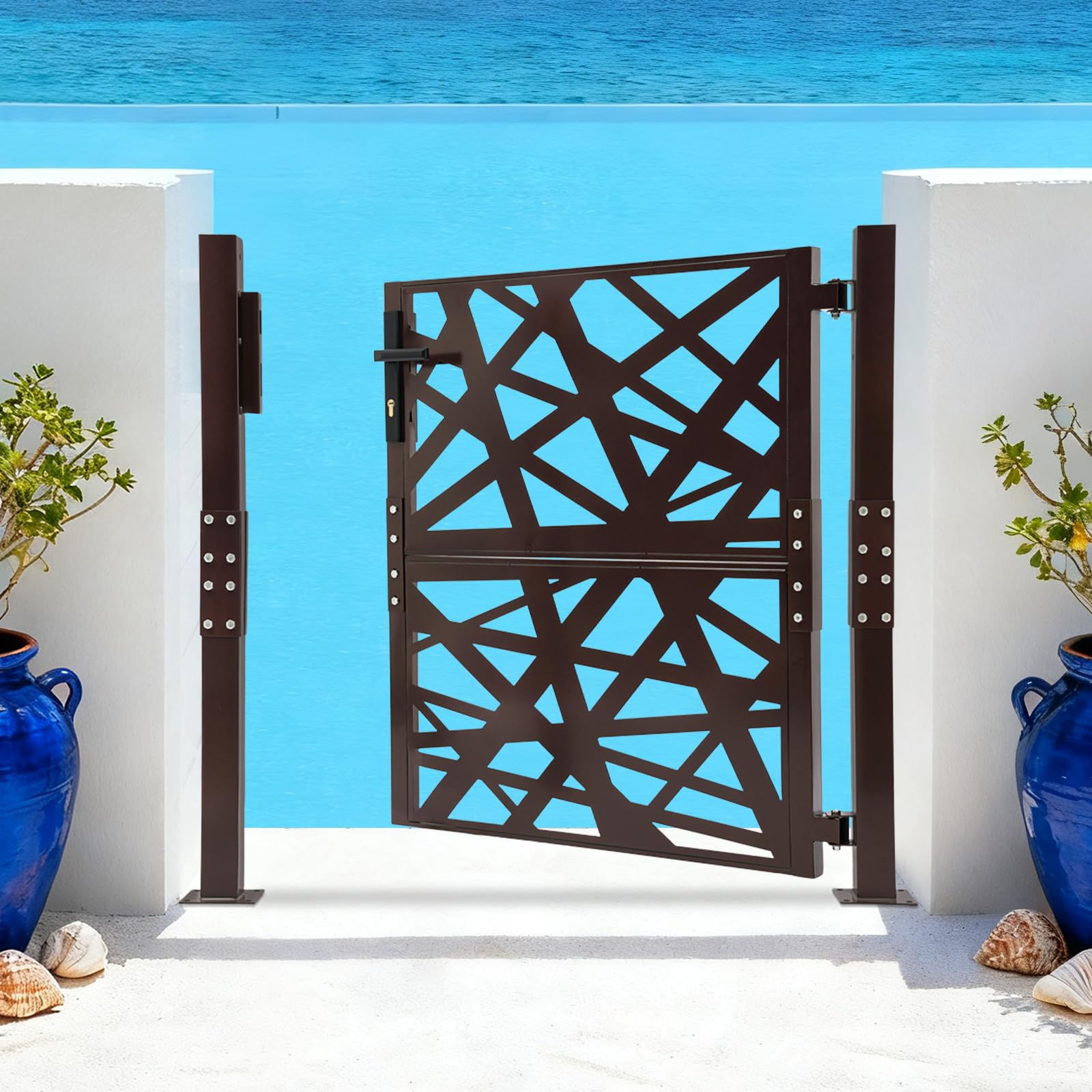 Puerta de jardín, 105 x 100 cm, color negro, para jardín, exterior, de seguridad, de metal, ángulo de apertura de 180°, cierre de seguridad con 7 llaves, para jardín, patio y terraza (marrón