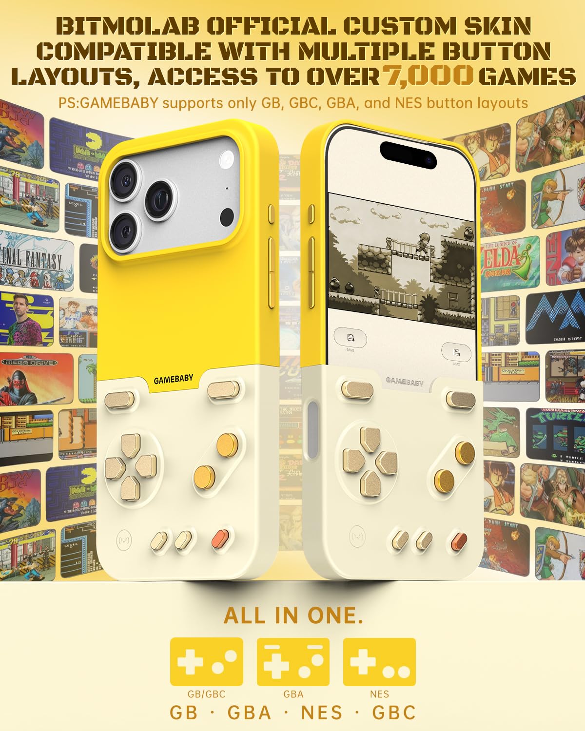 Gamebaby etui na telefon iPhone 17 Pro Max, innowacyjne etui na kontroler gier, etui na telefon komórkowy iPhone 17 Pro Max, do GBA, GBC, NES Handheld w stylu retro, żółte