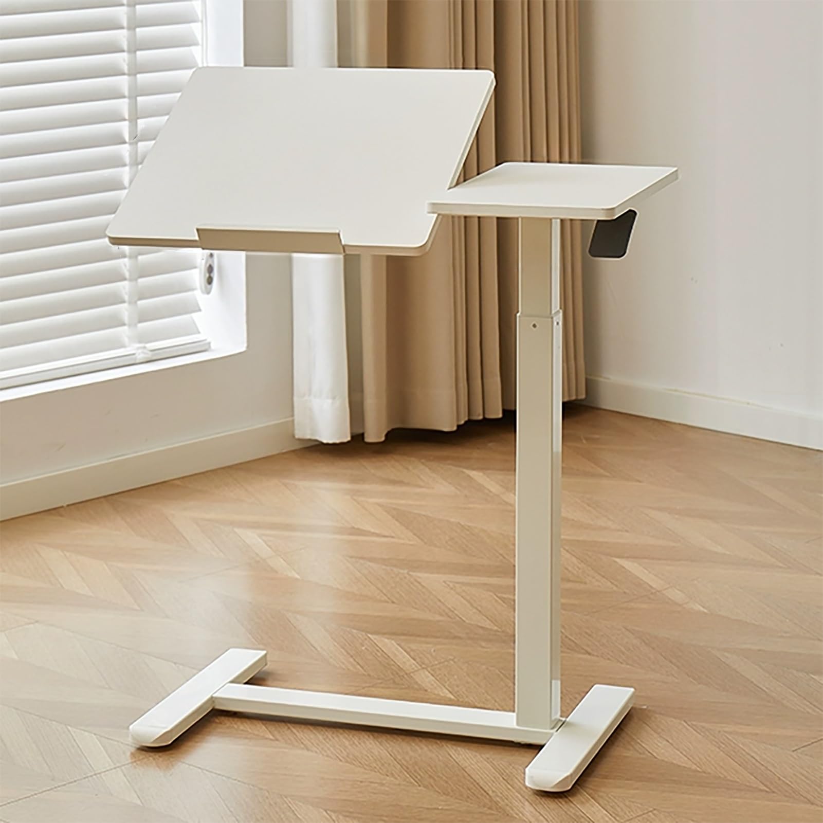 MYUYEE Movable Standing Desk, Adjustable Height, Sit Stand Up Desk With Tiltable Tabletop, Home Office Desk, Bed Side Computer Desk, Stable Steel Structure (White)