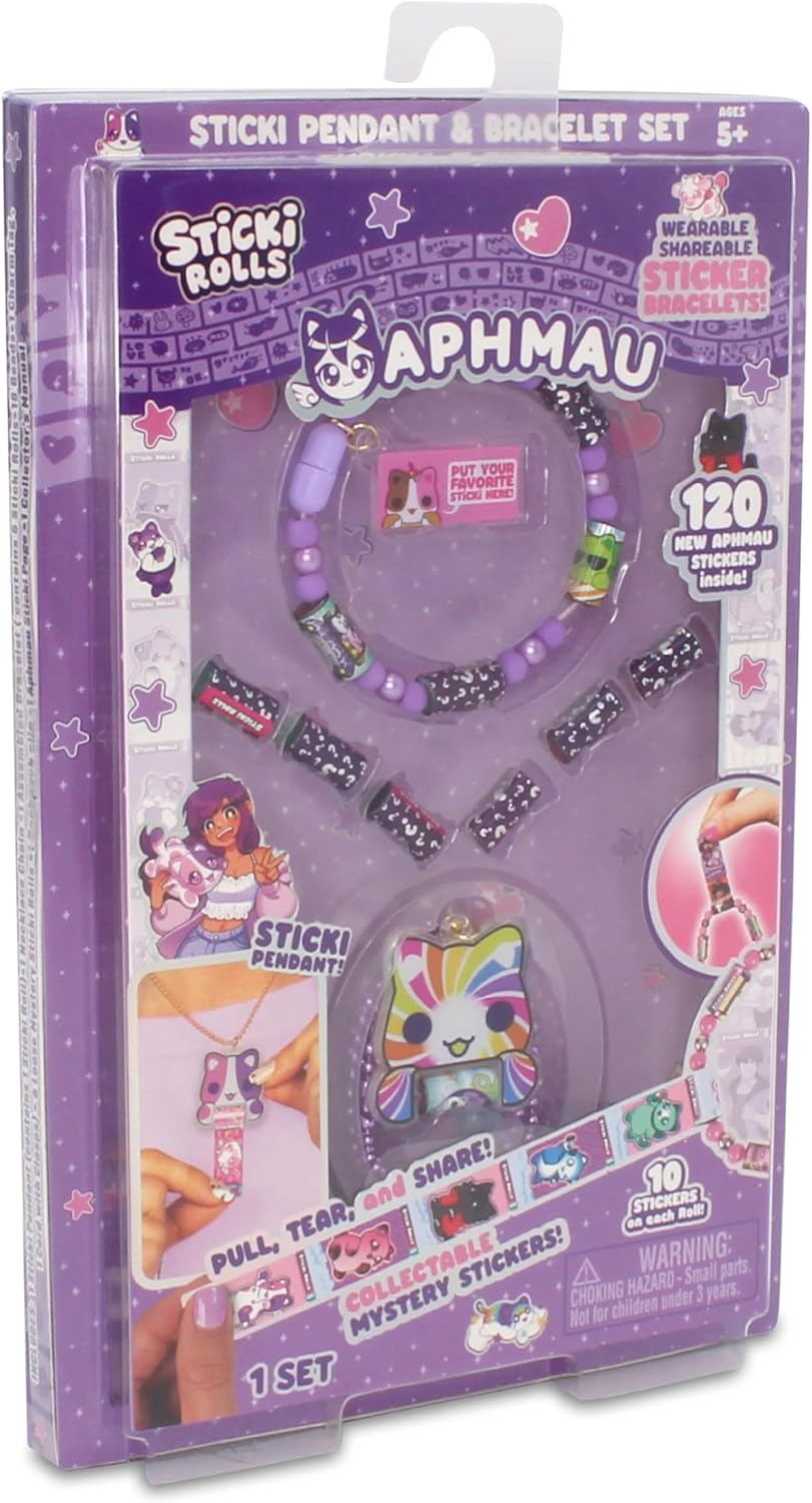 Sticki Rolls x Aphmau Pendant & Bracelet Set, Limited Edition, Includes 120 Stickers, Holographic Aphmau Pendant & Bracelet, Collectible Kawaii Fun!