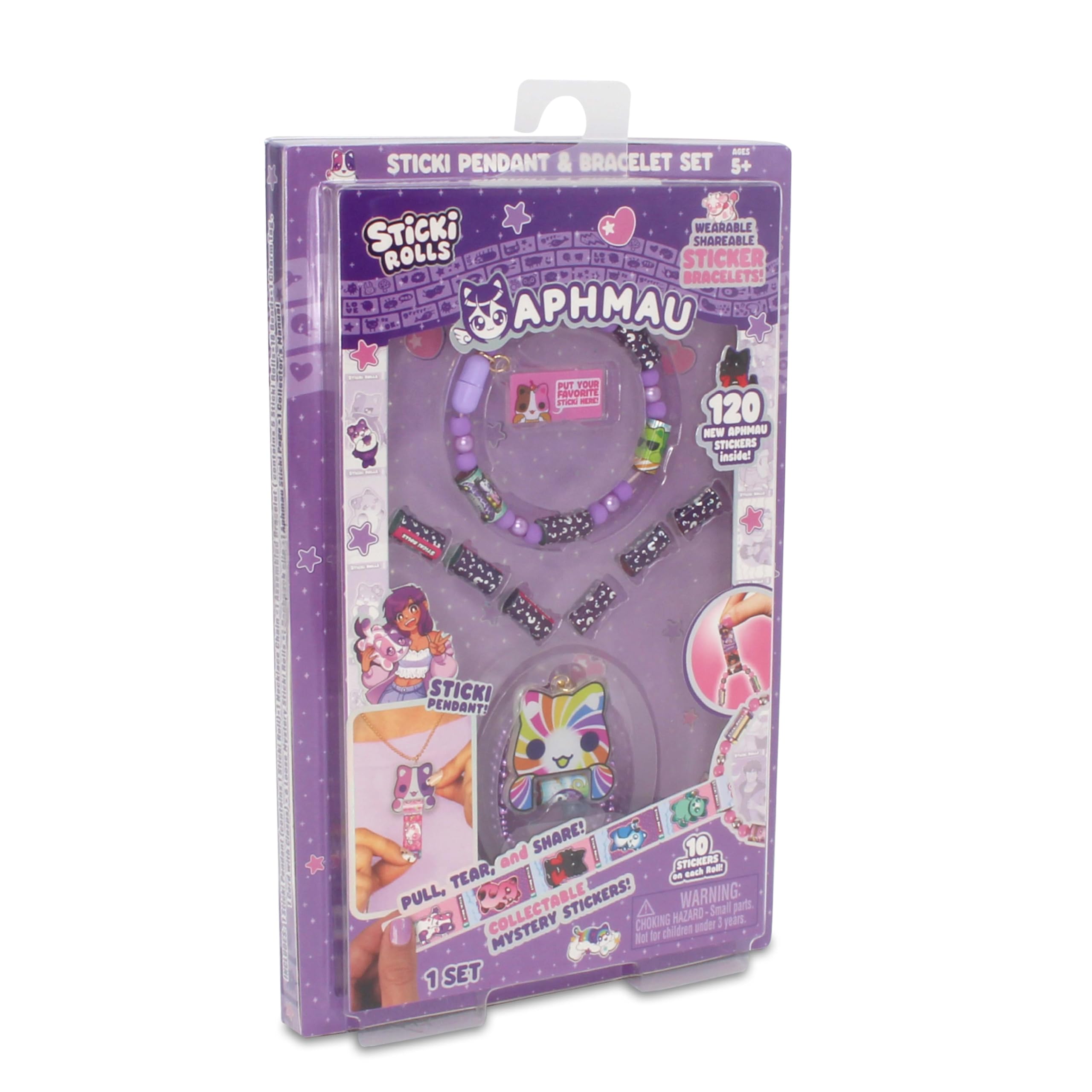 Sticki Rolls x Aphmau Ciondolo & Bracciale Set, Edizione Limitata, Include 120 Adesivi, Ciondolo Olografico Aphmau & Braccialetto, da Collezione Kawaii Divertimento!
