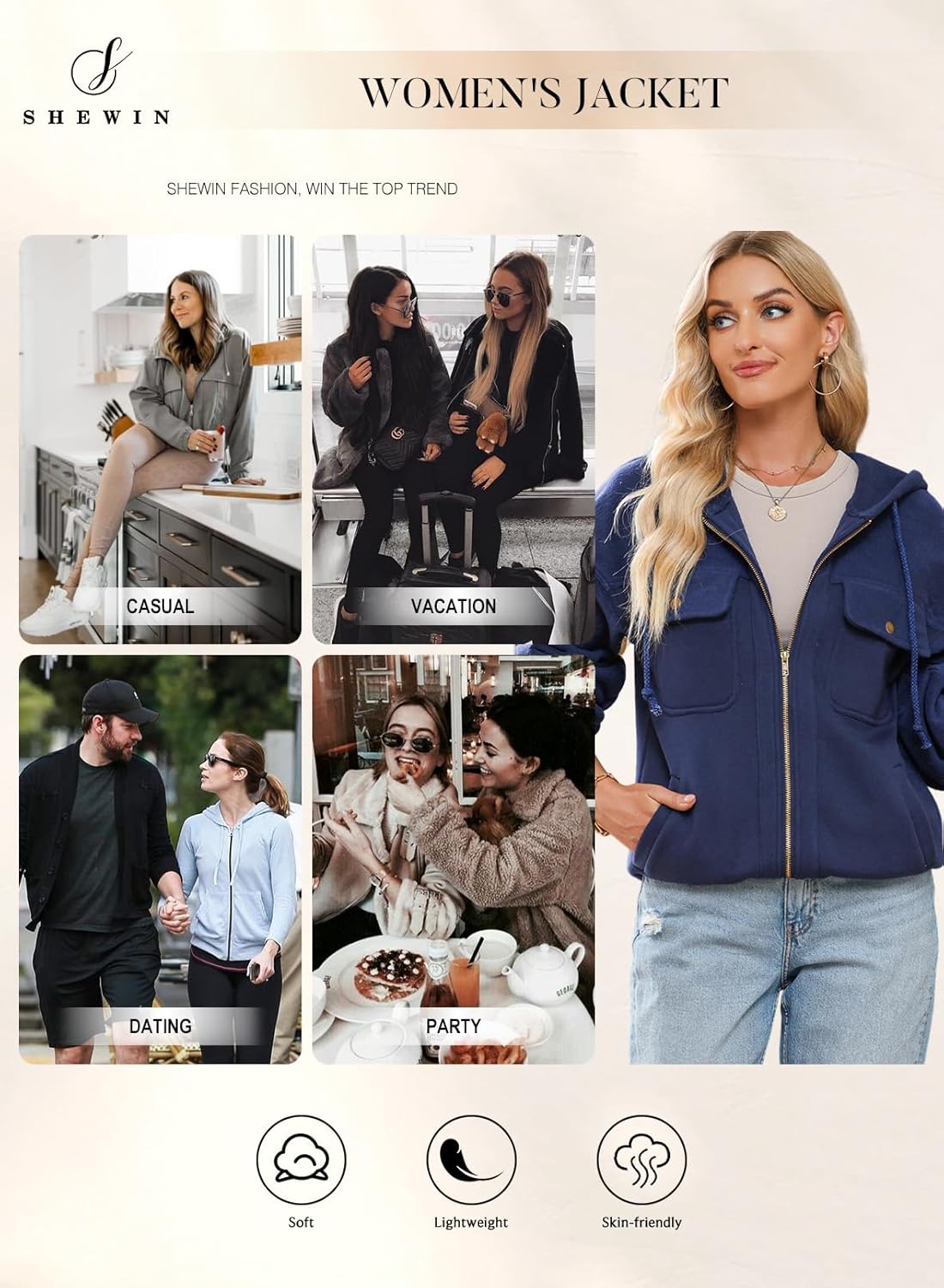 SHEWIN Jackets for Women Casual Long Sleeve Drawstring Fuzzy Sherpa Hooded Zip Up Jacket Coats With Pockets