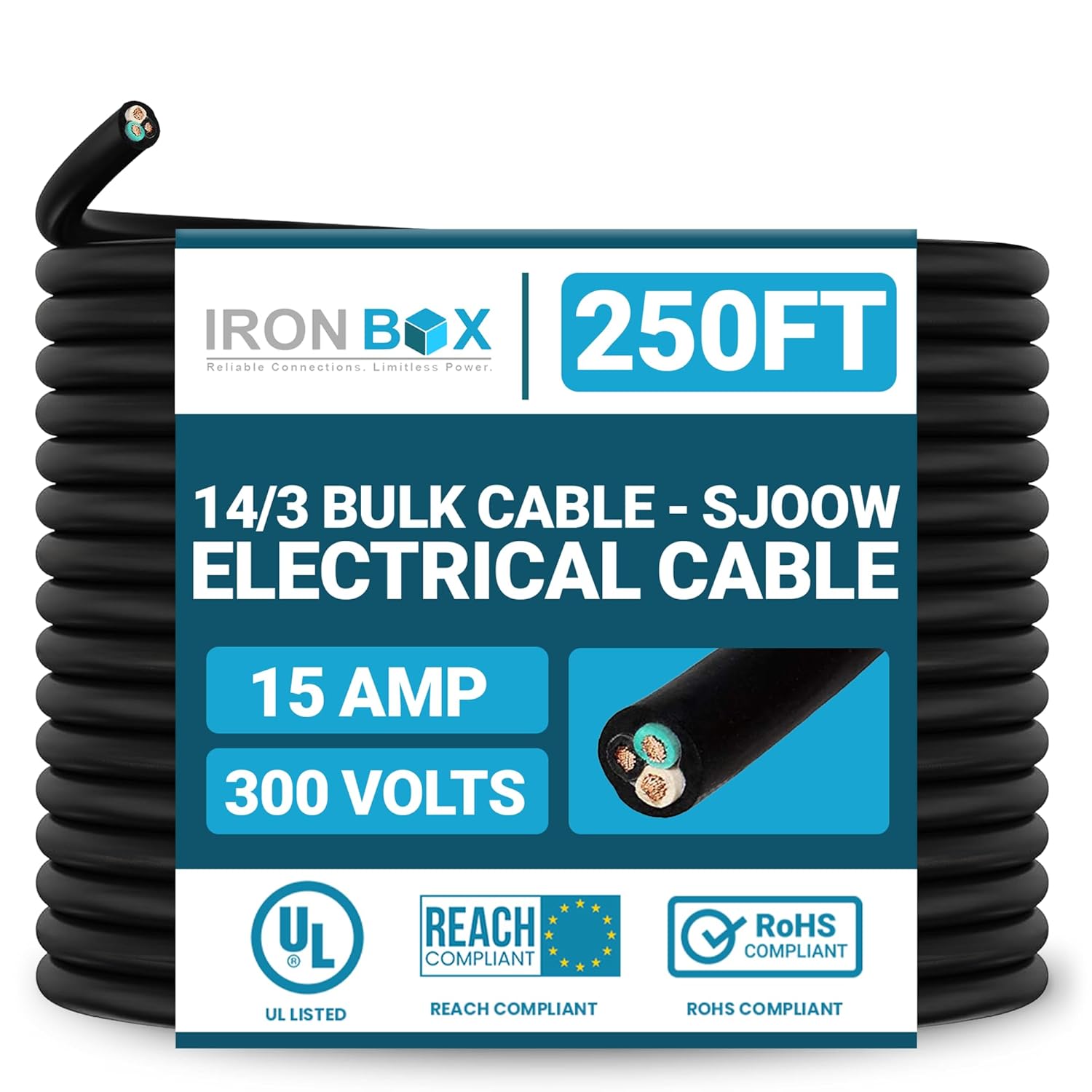 IronBox Electric 14/3 Bulk Cable - SJOOW Electrical Cable - 3 Wire Conductor, 15A, 300V - Water and Oil Resistant - Heavy Duty Portable Outdoor Extension Cord for Generator, HVAC System & More (250ft)