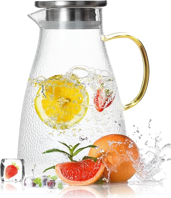 Water Jug, Enocos 2L Glass Jug with Lid, Apply to Heated or Refrigerated, Easy Clean, Glass Pitcher for Juice, Tea, Milk, Coffee, Hot/Cold Beverages