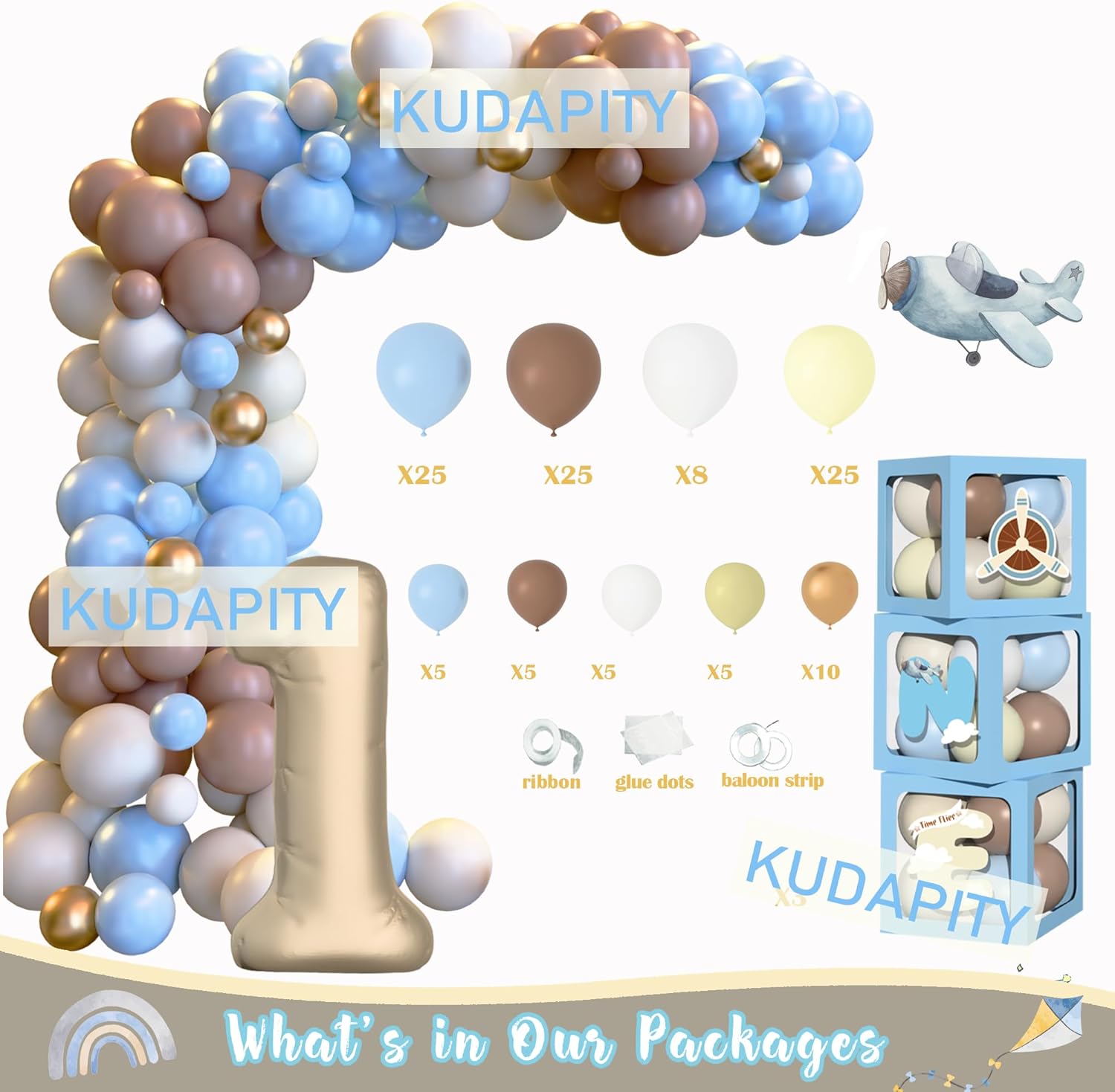 Airplane 1st Birthday Party Decorations for Boys, Time Flies 1st Birthday Party Supplies, Airplane Theme First Backdrop Balloon Garland Arch Banner Crown Cake Topper Boxes for One Year Old Boy