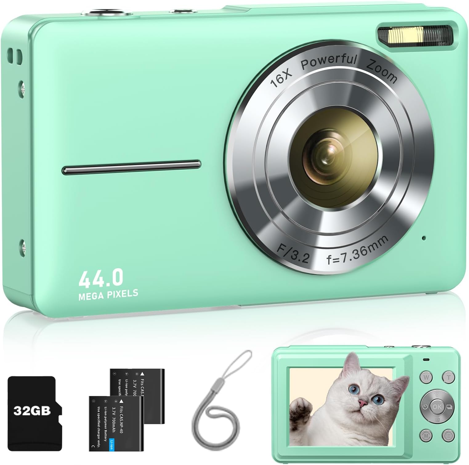 Digital Camera, FHD 1080P Point and Shoot Kids Camera, with 32GB Card, 2 Batteries, 16X Zoom Anti Shake Date Stamp, Compact Portable Small, for Starter Kid Children Teen Student Girl Boy(Light Green)