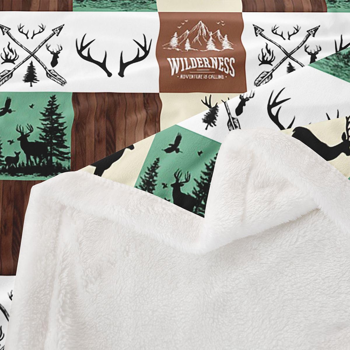 Rustic Cabin Sherpa Blanket, Bear Deer Throw Blanket Twin Size For Kids Teens Adult, Hunting Farmhouse Cabin Fleece Blanket Vintage Lodge Plaid Patchwork Flannel Blanket For Sofa Couch, Brown Green