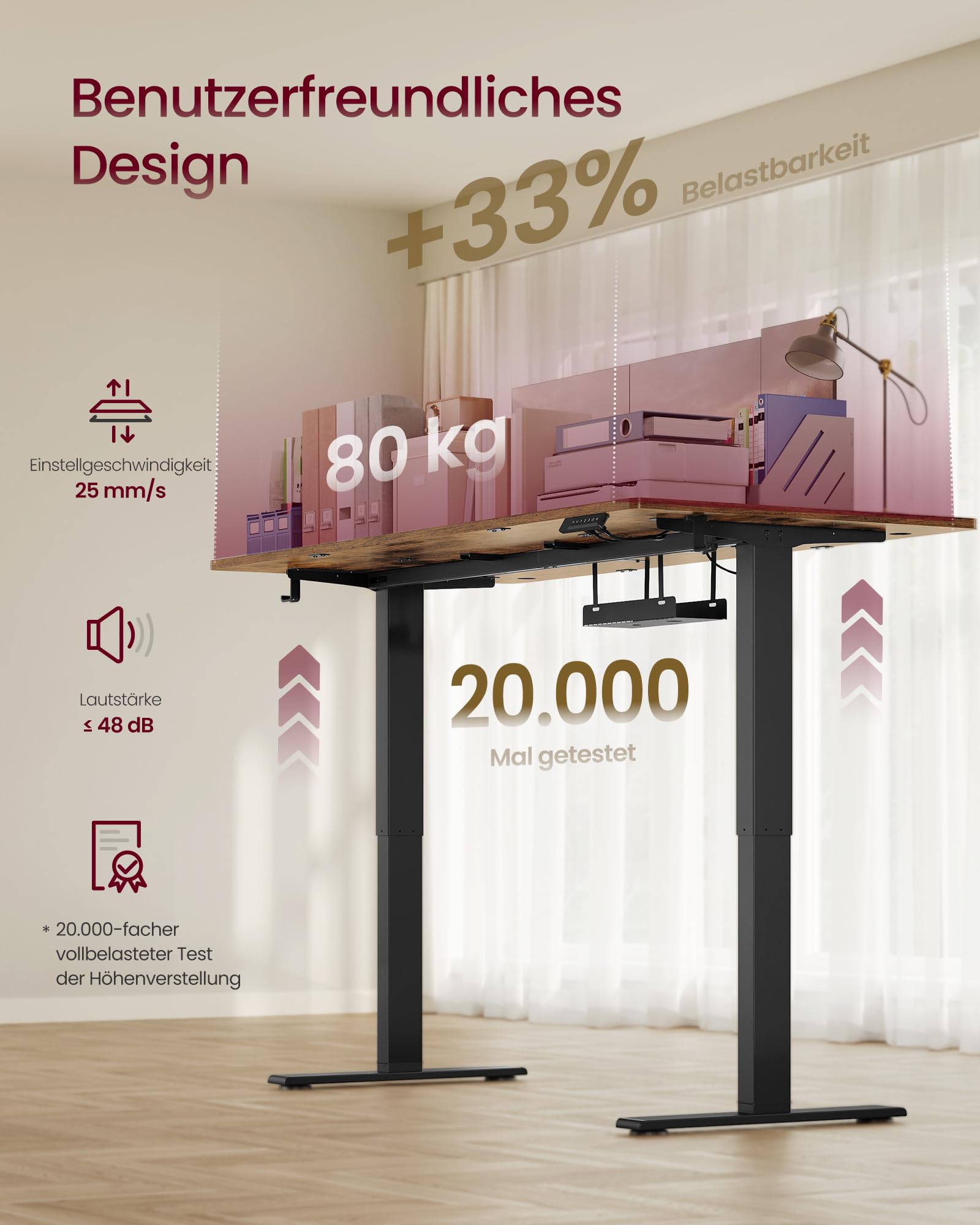 VASAGLE Höhenverstellbarer Schreibtisch, 180 x 80 cm, USB-C-Anschluss | Schreibtisch, Ablage für Steckdosenleiste, 3 Speichertasten, Erinnerung bei langem Sitzen, vintagebraun LSD148KD02
