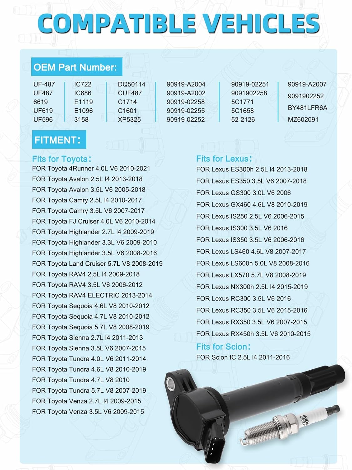 UF487 Ignition Coil 6619 Spark Plug For Lexus ES GS IS LS LX NX RC RX,For Toyota 4Runner Avalon Camry FJ Land Cruiser Highlander RAV4 Sequoia Sienna Tundra Venza 2005-2021, Set of 6