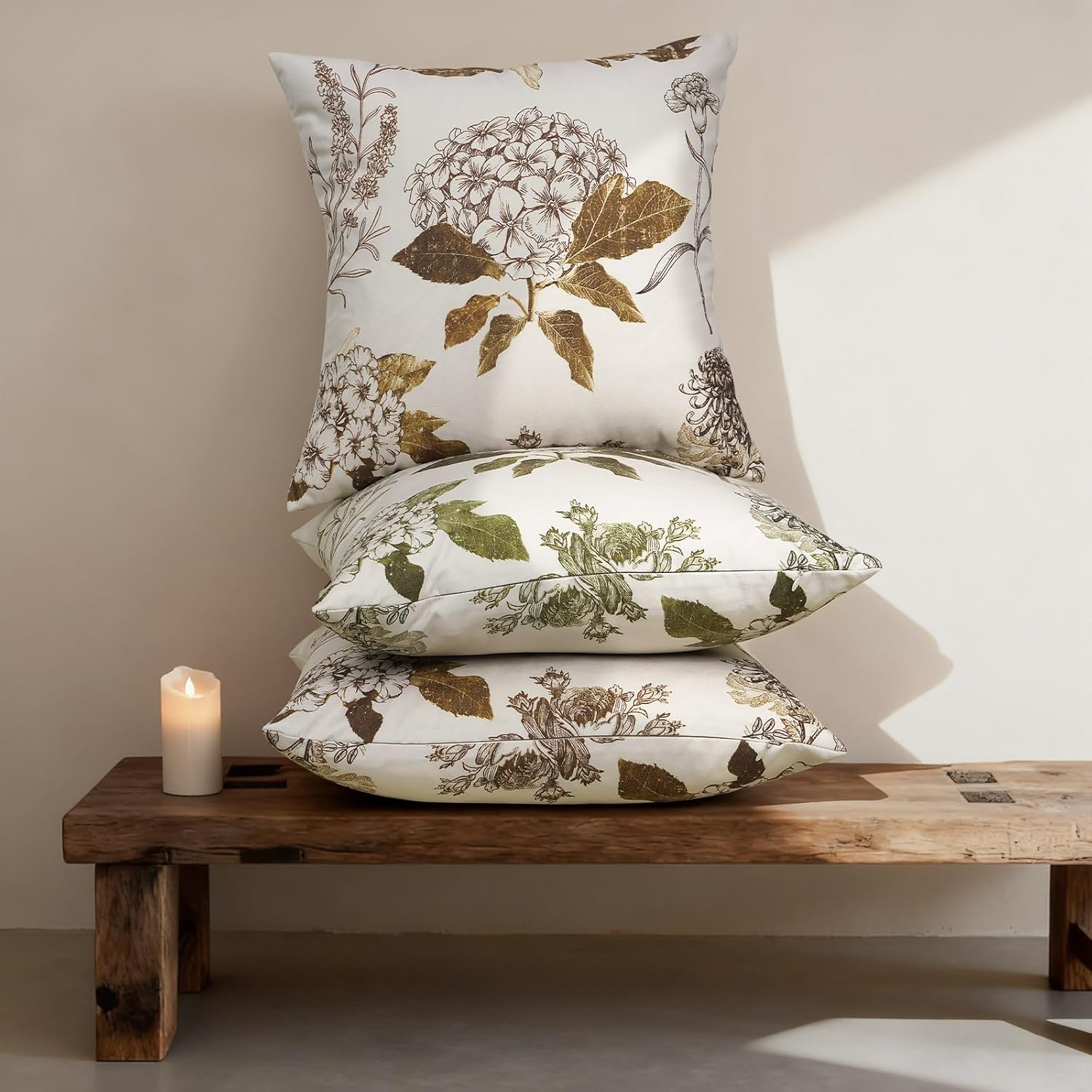 Floral Pillow Covers 18x18 Set of 2 Vintage Print Throw Pillow Covers Neutral Accent Home Decor for Sofa Chair Couch Bedroom Living Room, Green