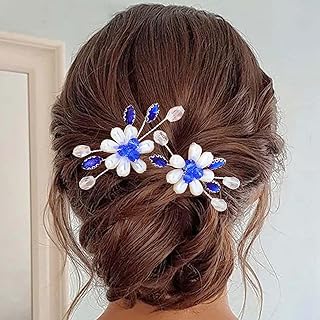 Flayem Horquillas para el pelo para boda, color azul, con perlas y cristales (2 unidades)
