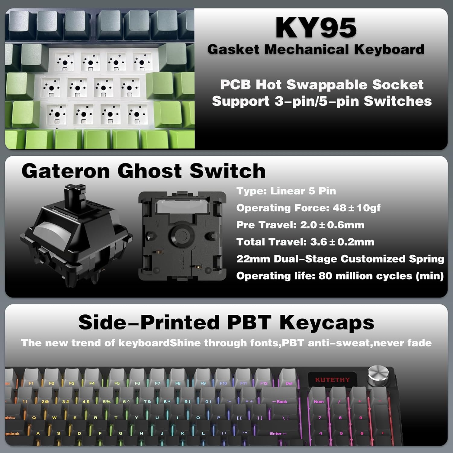 Zhouwang KUTETHY Wireless Mechanical Keyboard with Knob,Pre-lubed Linear Switches,Tri-Mode BT5.0/2.4GHz/USB-C/Hot Swappable/Gasket Structure/RGB Backlit Computer Gaming Keyboard (Ghost)
