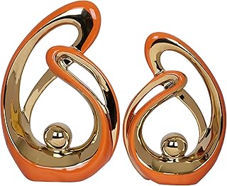 2 PCS Orange Decor Accent Ceramic Statue Orange Gold Mid Century Modern Home Decor Accents Sculpture Decorations Centerpieces for Living Room Bookshelf Shelf Coffee Table Kitchen Office Dining Table