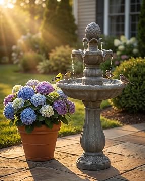 42.2 Tall 3 Tiered Outdoor Water Fountain, Like Stone Bird Bath Fountain, Elegant Cascading Waterfall Water Feature Decor for Garden, Yard, Patio Landscape Ornament Grey