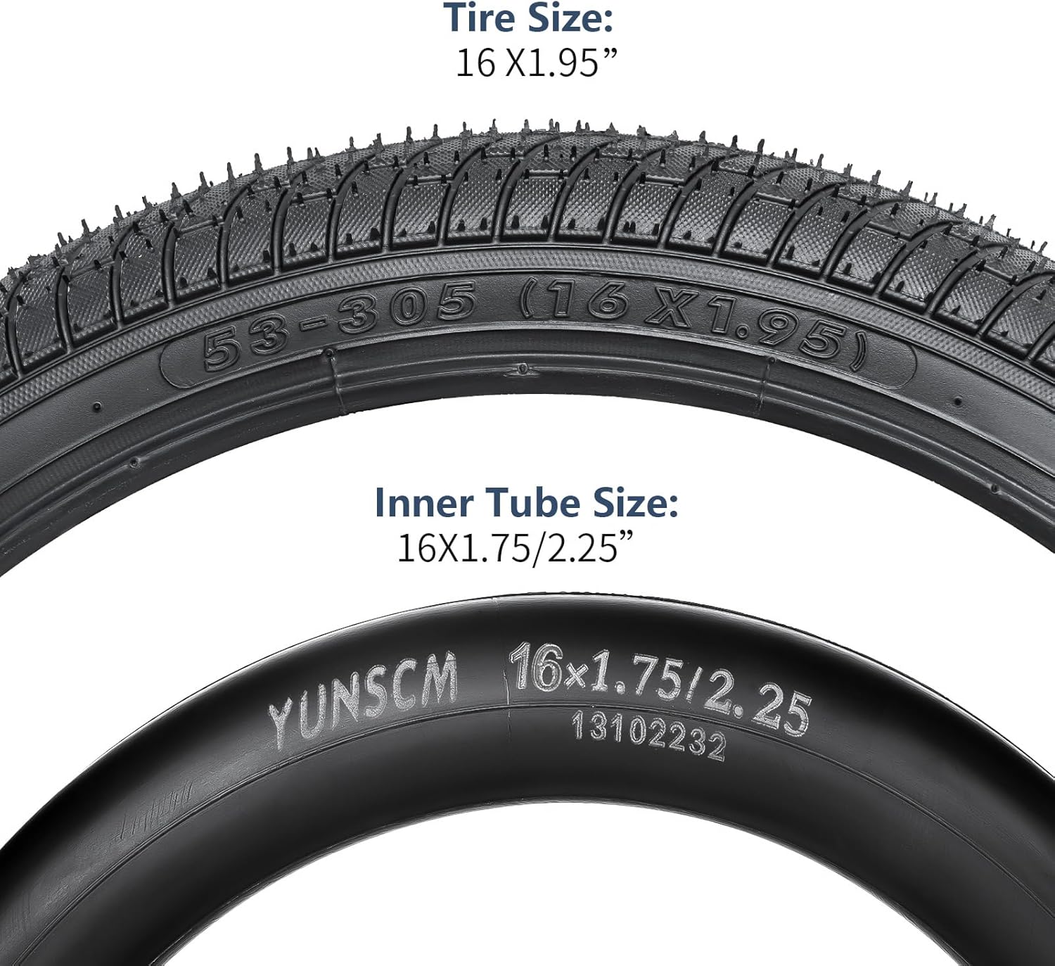YUNSCM 2-PCS 16" Road Bike Tires 16x1.95/53-305 and 16" Heavy Duty Bike Tubes Shrader Valve Compatible with Kid Bike 16x1.90 16 x 1.95 16x2.0 Bicycle Tires and Tubes (Y-913)