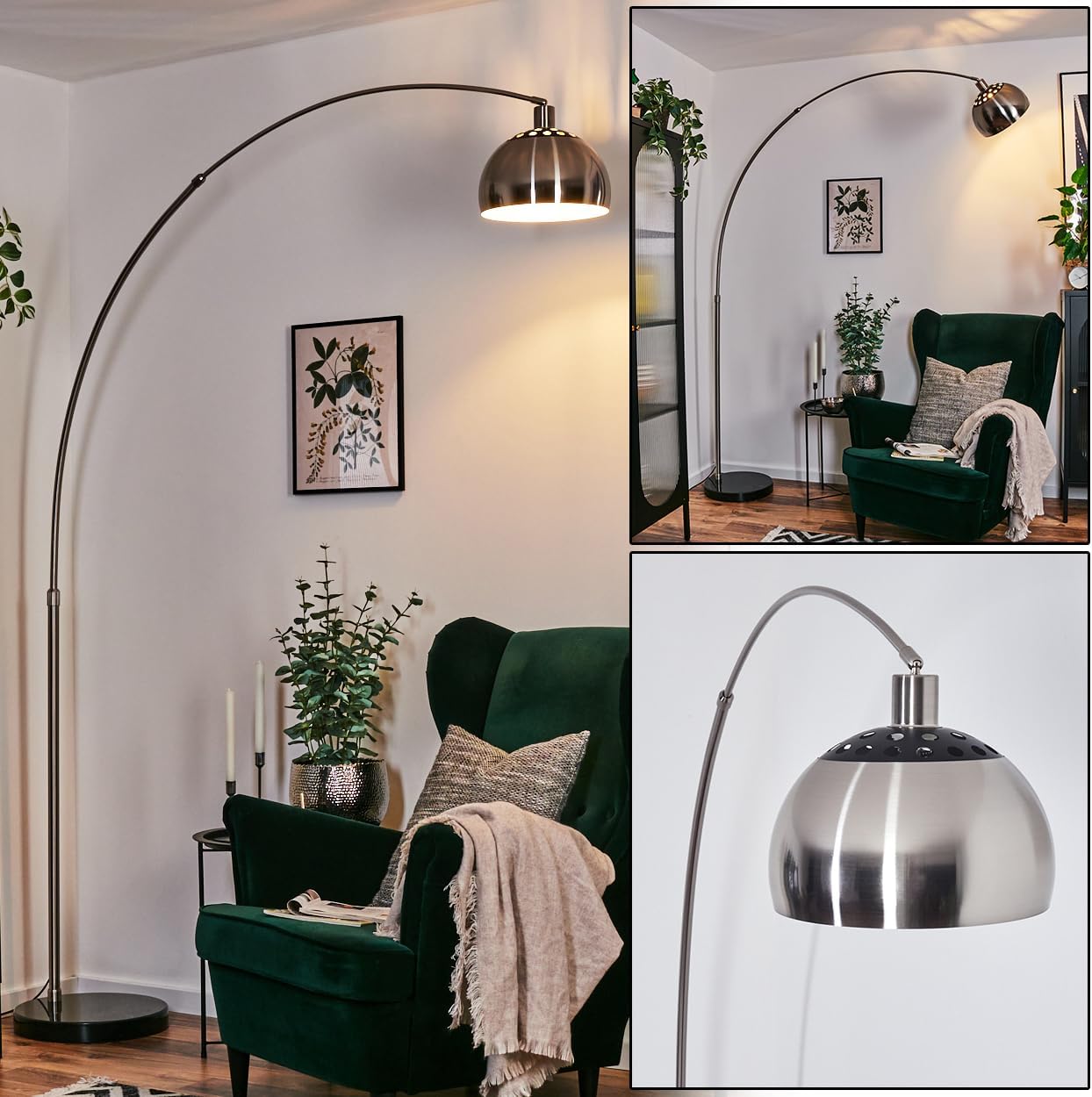 Hofstein Baloca Floor Lamp in a living room setting, showcasing its arched design and light output.