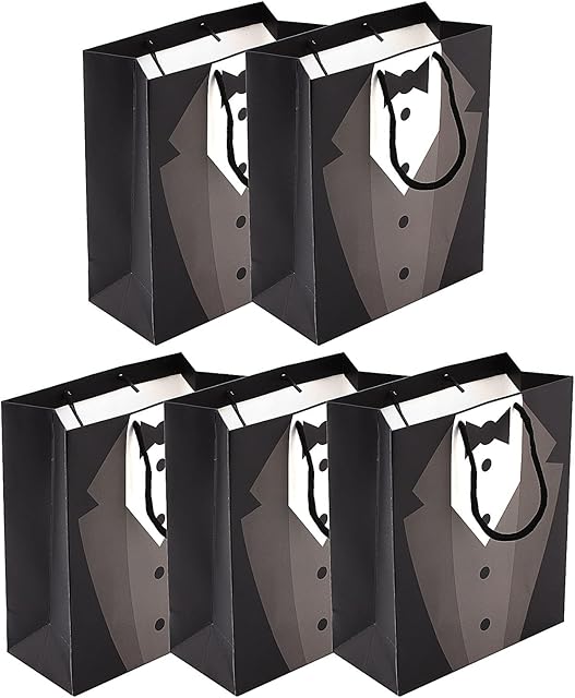 YORKING 5PCS Groomsmen Gift Bags 23x19x9cm Tuxedo Gift Bags Reusable Shopping Gift Bags Black Kraft Paper Bags with Tie Shirt Pattern for Wedding Birthday Anniversary Party