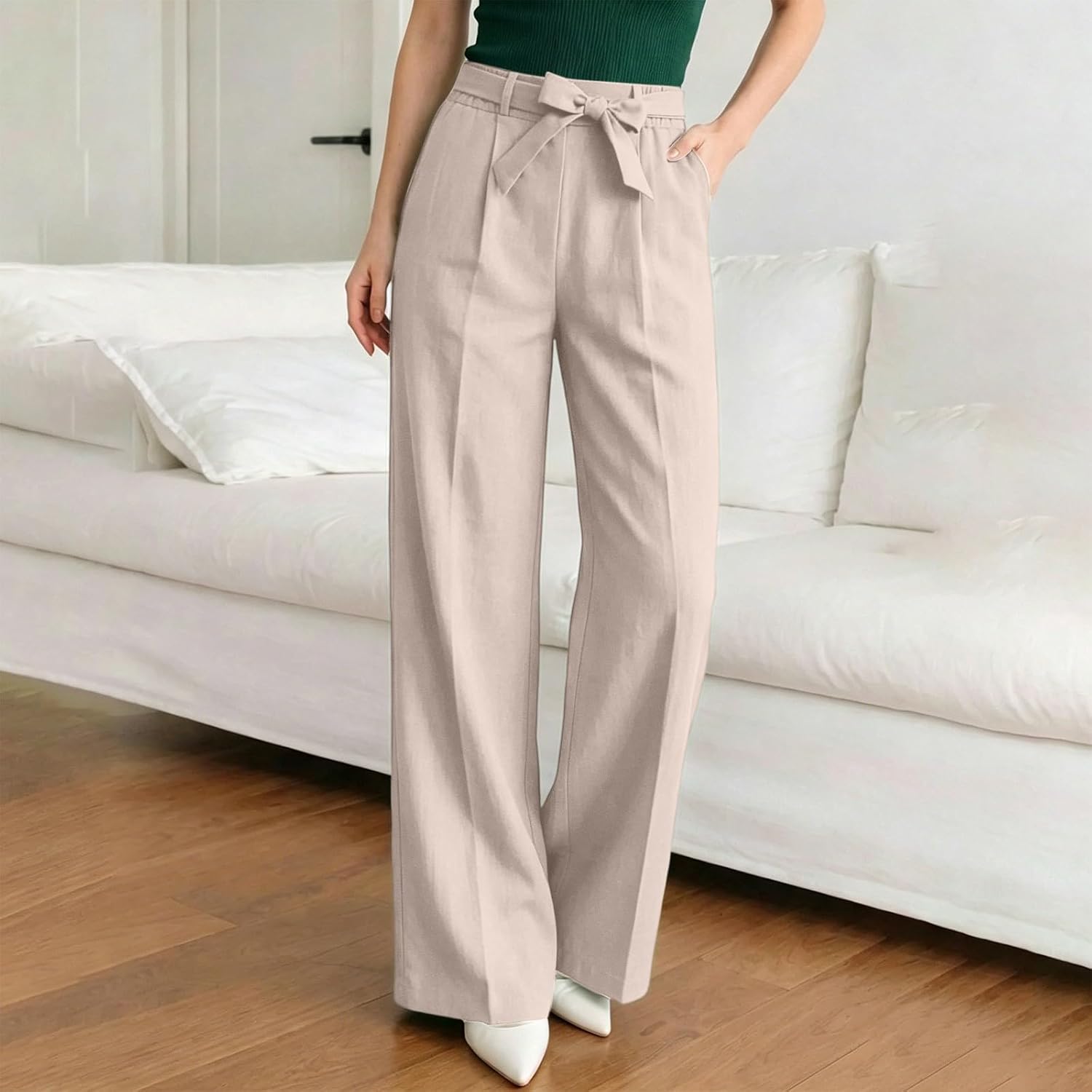 Women's Belted Wide Leg Pants High Waisted Loose Fit Draped Trousers Lightweight Comfy Casual Office Slacks Bottoms
