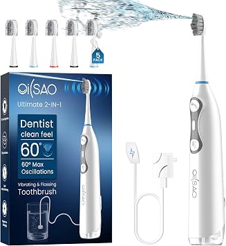 Electric Toothbrush with Water Flosser for Adults, 3-in-1 Sonic Brush & Floss Combo, Cordless Oral Irrigator with 5 Brush Heads, 3 Modes, 30-Day Battery, Travel Toothbrush for Braces, Sensitive Gums